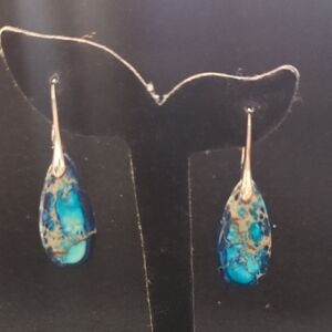 Silver Tone Blue and Cream Marbled Jasper Gemstone Teardrop Statement Earrings